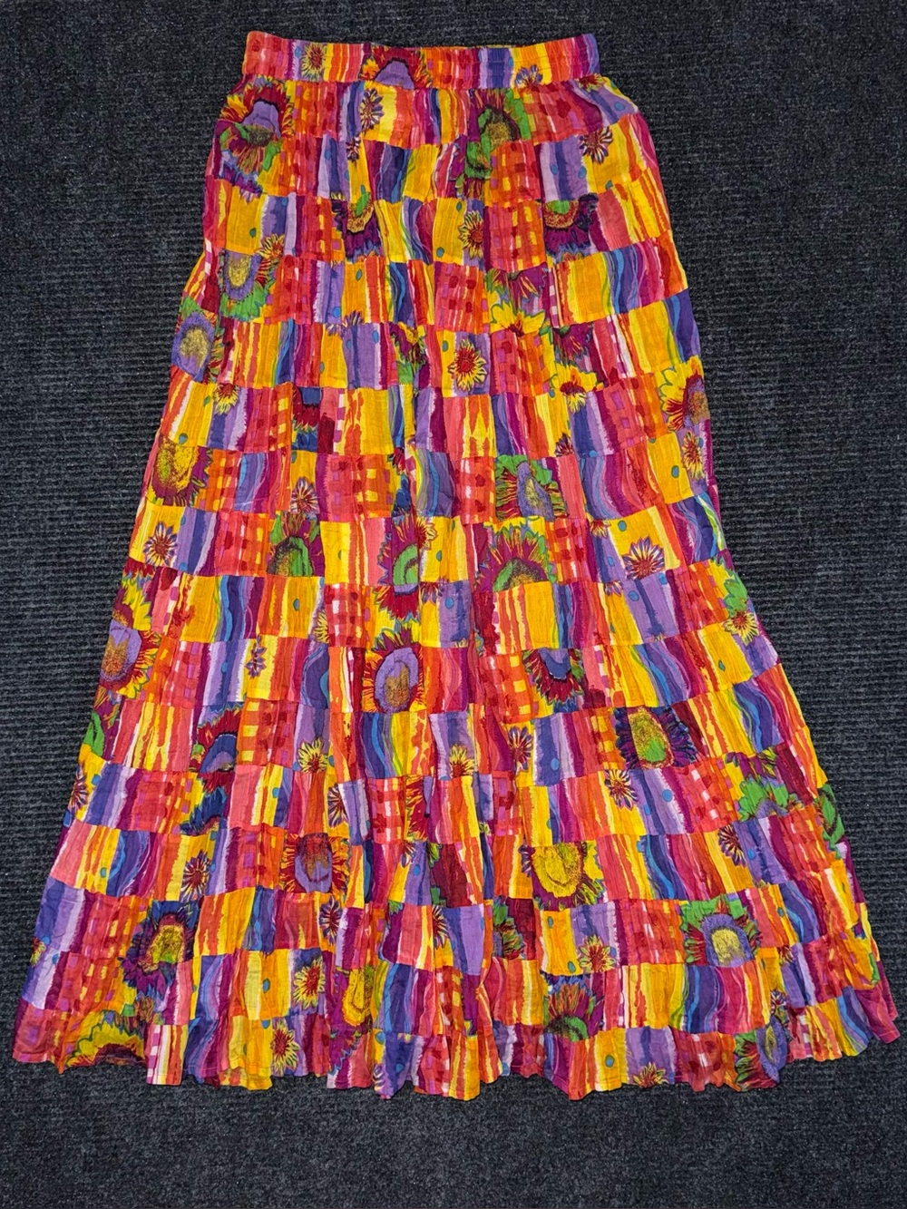 Vtg Phool Womens Sz M Cotton Tiered Maxi Skirt Colorful Patchwork Boho Lagenlook